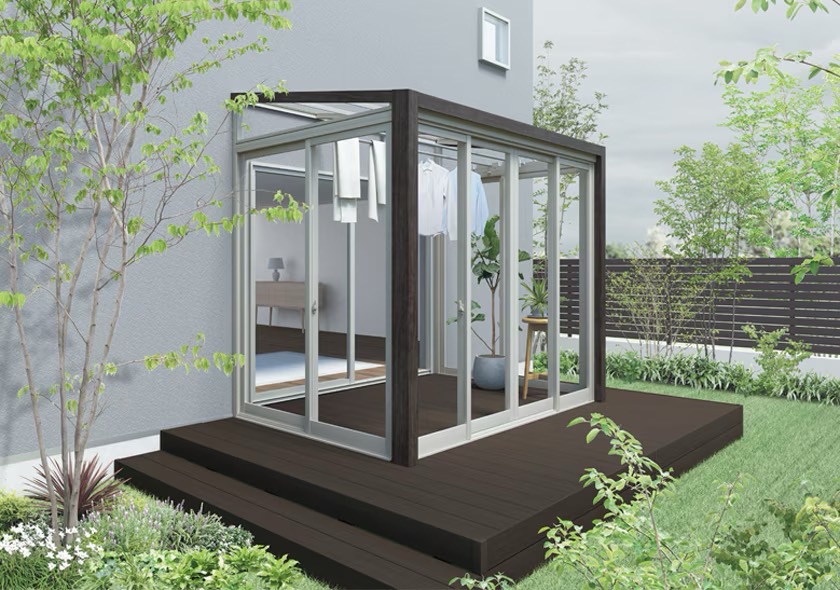 LIXIL　ひさし　軒下　縁側　ガーデンスペース　ガーデンルーム　ワンランク上　モダン　 おしゃれ　エクステリア　愛知・名古屋の外構専門店パートナーホームのエクステリア　製品一覧　ガーデンルームGF　PLAN07|パートナーホーム