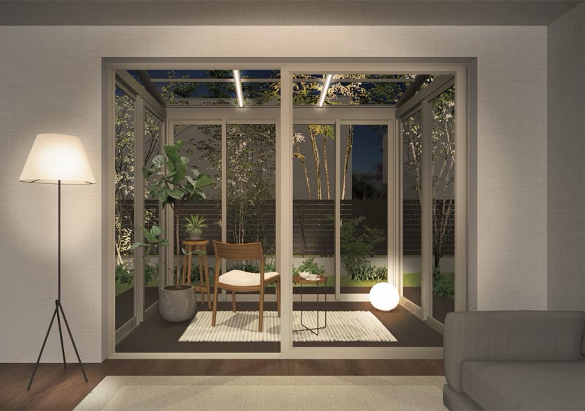 LIXIL　ひさし　軒下　縁側　ガーデンスペース　ガーデンルーム　ワンランク上　モダン　 おしゃれ　エクステリア　愛知・名古屋の外構専門店パートナーホームのエクステリア　製品一覧　ガーデンルームGF　何かと便利なマルチスペース 晴れた日は日向ぼっこ、雨の日は洗濯物の部屋干しに。そして夜はライトを灯して、違った表情を楽しめます。|パートナーホーム