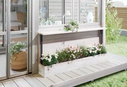 LIXIL　ひさし　軒下　縁側　ガーデンスペース　ガーデンルーム　ワンランク上　モダン　 おしゃれ　エクステリア　愛知・名古屋の外構専門店パートナーホームのエクステリア　製品一覧　ガーデンルームGF　庭側も、カウンターとフラワーボックスでカスタマイズ。After|パートナーホーム