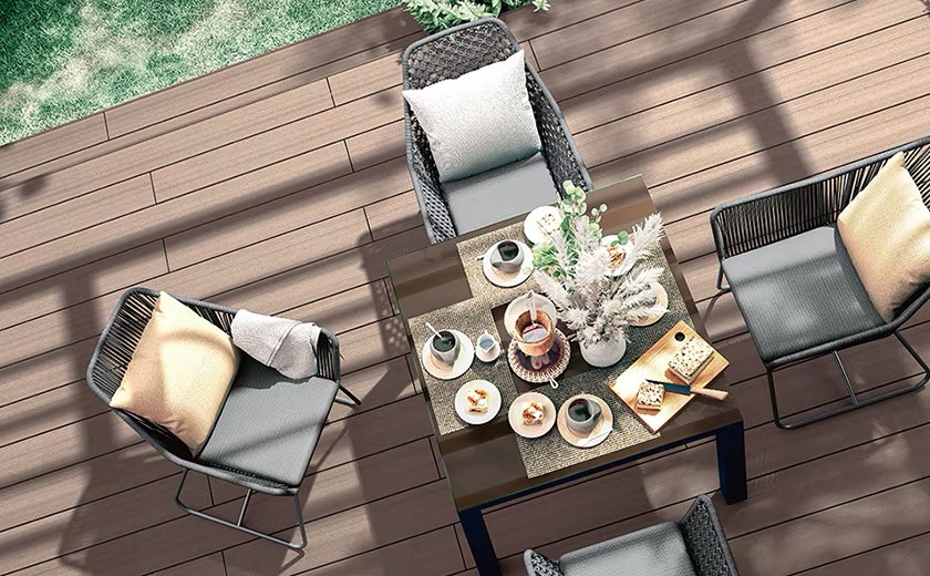 LIXIL　ガーデンスペース　ウッドデッキ　タイルデッキ　モダン　おしゃれ　エクステリア　愛知・名古屋の外構専門店パートナーホームのエクステリア　製品一覧　デッキDC　たとえばティーパーティを、木漏れ日のリビングで。 ここは木漏れ日のリビング。おもてなしだってサマになるちょっと特別な空間です。|パートナーホーム