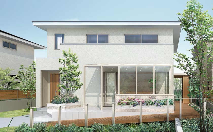 LIXIL　ガーデンスペース　ウッドデッキ　タイルデッキ　モダン　おしゃれ　エクステリア　愛知・名古屋の外構専門店パートナーホームのエクステリア　製品一覧　樹ら楽ステージ　居住空間と戸外とをスロープでつなぐと、想像以上に便利で快適なシーンが生まれます。外出から荷物を持ってそのままリビングへ、あるいは自転車をバックヤードへ。日頃の暮らしの中で、ちょっと気になっていた足元の段差がデッキで解決します。|パートナーホーム