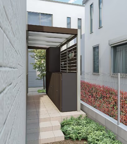 LIXIL　ガーデンスペース　ウッドデッキ　タイルデッキ　モダン　おしゃれ　エクステリア　愛知・名古屋の外構専門店パートナーホームのエクステリア　製品一覧　樹ら楽ステージ　たとえば、ウッドデッキでつなげた空間が、遊具や家の中には置きづらかった物の保管スペースになったり……。バックヤードの使い勝手も、より良くなります。|パートナーホーム