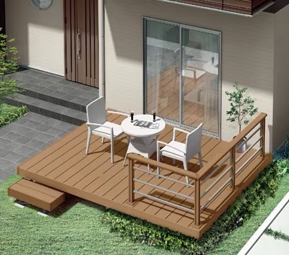 LIXIL　ガーデンスペース　ウッドデッキ　タイルデッキ　モダン　おしゃれ　エクステリア　愛知・名古屋の外構専門店パートナーホームのエクステリア　製品一覧　レストステージ　クリエラスクA 幕板B使用 デッキフェンス：横ビームパネル（シャイングレー）|パートナーホーム