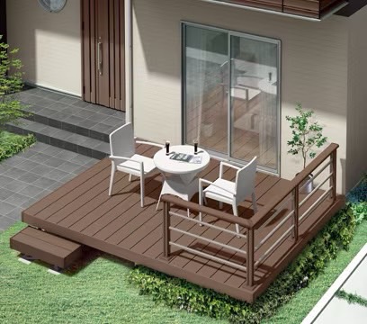 LIXIL　ガーデンスペース　ウッドデッキ　タイルデッキ　モダン　おしゃれ　エクステリア　愛知・名古屋の外構専門店パートナーホームのエクステリア　製品一覧　レストステージ　クリエモカA 幕板B使用 デッキフェンス：横ビームパネル（シャイングレー）|パートナーホーム