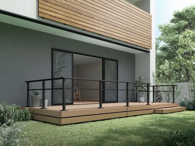 LIXIL　モダンデッキフェンス【外構エクステリア商品】LIXIL　ガーデンスペース　ウッドデッキ　モダン　おしゃれ　エクステリア　愛知・名古屋の外構専門店パートナーホームのエクステリア　製品一覧　デッキフェンス モダンデッキフェンス　ブラック色とシンプルなバータイプのデザイン。 モダンデッキフェンス フラットラインパネル中桟1本 T-8 ブラック|パートナーホーム