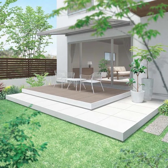 LIXIL　軒　ウッドデッキ　モダン　おしゃれ　エクステリア　愛知・名古屋の外構専門店パートナーホームのエクステリア　製品一覧　タイルデッキ　タイルの2色使いがアクセント。わが家の個性を演出できます。|パートナーホーム