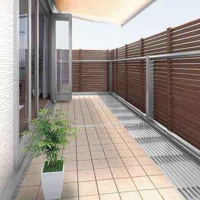 LIXIL　軒　ウッドデッキ　モダン　おしゃれ　エクステリア　愛知・名古屋の外構専門店パートナーホームのエクステリア　製品一覧　彩風　Case2 バルコニーが快適で開放的なオープン空間に オーニングとのコーディネートで、バルコニーが快適なオープン空間に生まれ変わります。季節や時間帯、また目的に応じて日差しを遮る・採り入れるなど自由に調整ができます。|パートナーホーム