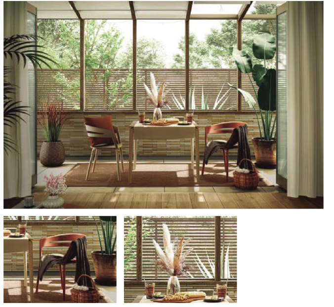 LIXIL　ひさし　軒下　縁側　ガーデンスペース　ガーデンルーム　ワンランク上　モダン　 おしゃれ　エクステリア　愛知・名古屋の外構専門店パートナーホームのエクステリア　製品一覧　ココマ　サイドスルー腰壁タイプ 気軽に、ゆったり、心地よく。家族で自然を愉しめる、穏やかなラウンジ空間|パートナーホーム