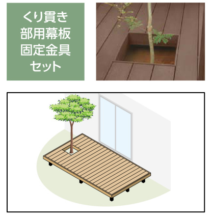 LIXIL　ガーデンスペース　ウッドデッキ　タイルデッキ　モダン　おしゃれ　エクステリア　愛知・名古屋の外構専門店パートナーホームのエクステリア　製品一覧　樹ら楽ステージ　シンボルツリーなどをデッキ中に配置するためのくり貫き枠を固定する金具セットです。|パートナーホーム