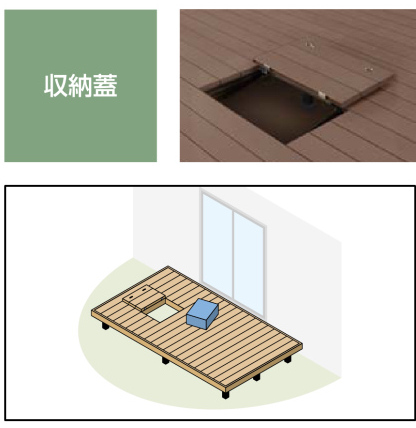 LIXIL　ガーデンスペース　ウッドデッキ　タイルデッキ　モダン　おしゃれ　エクステリア　愛知・名古屋の外構専門店パートナーホームのエクステリア　製品一覧　樹ら楽ステージ　床下に収納する場合に取り付ける出し入れ口です。|パートナーホーム