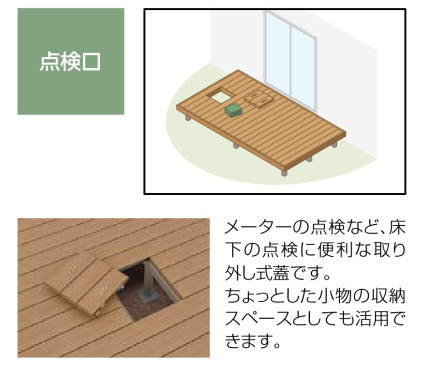 LIXIL　ガーデンスペース　ウッドデッキ　タイルデッキ　モダン　おしゃれ　エクステリア　愛知・名古屋の外構専門店パートナーホームのエクステリア　製品一覧　レストステージ　点検口|パートナーホーム