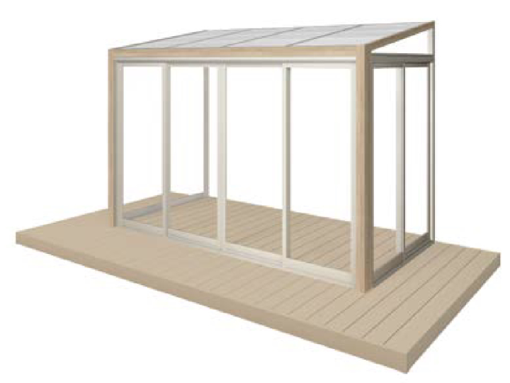 LIXIL　ひさし　軒下　縁側　ガーデンスペース　ガーデンルーム　ワンランク上　モダン　 おしゃれ　エクステリア　愛知・名古屋の外構専門店パートナーホームのエクステリア　製品一覧　ガーデンルームGF　デッキ仕様 ガーデンルームの内・外に人工木デッキ 「樹ら楽ステージ」、「樹ら楽ステージ木彫」を敷いた仕様。天然の木粉を配合し、リサイクル材を用いたデッキは、お手入れも簡単です。|パートナーホーム