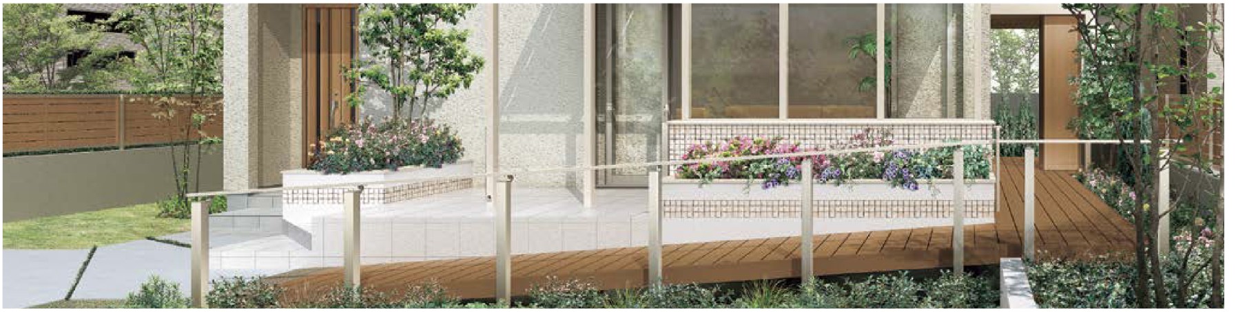 LIXIL　ガーデンスペース　ウッドデッキ　タイルデッキ　モダン　おしゃれ　エクステリア　愛知・名古屋の外構専門店パートナーホームのエクステリア　製品一覧　デッキDC　※スロープ横の手すりは、デザイナーズパーツ柱材にアーキレールをアーキレールの壁付けブラケットで固定した既存品からの提案品です。|パートナーホーム