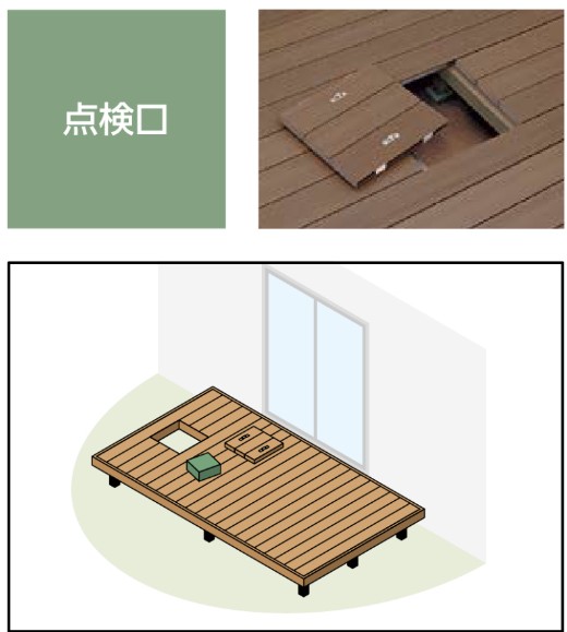 LIXIL　ガーデンスペース　ウッドデッキ　タイルデッキ　モダン　おしゃれ　エクステリア　愛知・名古屋の外構専門店パートナーホームのエクステリア　製品一覧　樹ら楽ステージ 木彫　メーターの点検など、床下の点検に便利な取り外し式蓋です。ちょっとした小物の収納スペースとしても活用できます。|パートナーホーム
