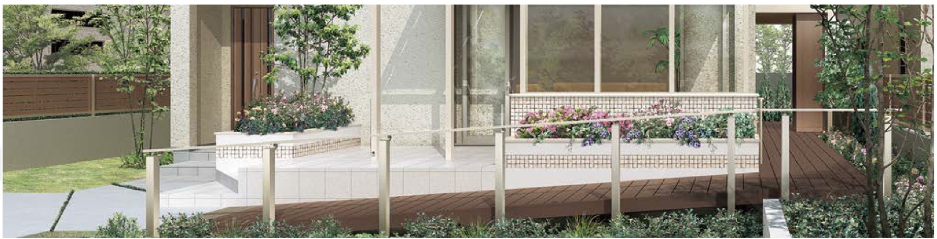 LIXIL　ガーデンスペース　ウッドデッキ　タイルデッキ　モダン　おしゃれ　エクステリア　愛知・名古屋の外構専門店パートナーホームのエクステリア　製品一覧　樹ら楽ステージ 木彫　※スロープ横の手すりは、デザイナーズパーツ柱材にアーキレールをアーキレールの壁付けブラケットで固定した既存品からの提案品です。|パートナーホーム