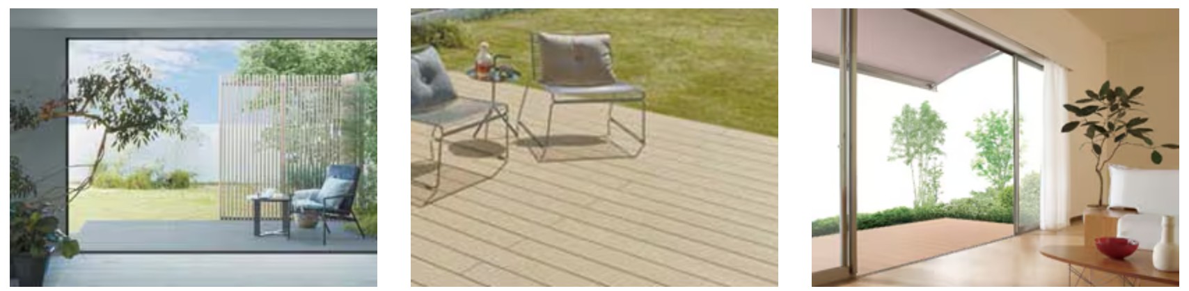 LIXIL　ガーデンスペース　ウッドデッキ　タイルデッキ　モダン　おしゃれ　エクステリア　愛知・名古屋の外構専門店パートナーホームのエクステリア　製品一覧　樹ら楽ステージ　LIXIL共通の木目色で、空間をつなげ、一体感を生むコーディネートを実現します。|パートナーホーム