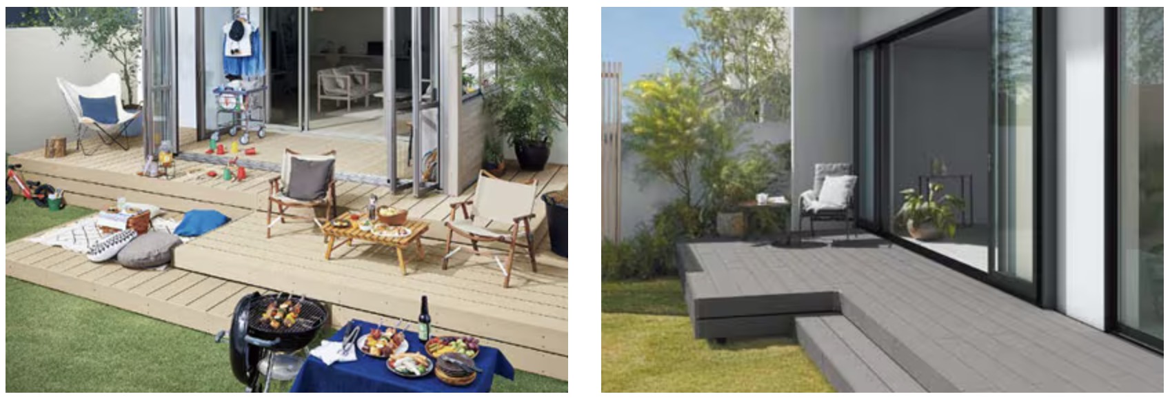 LIXIL　ガーデンスペース　ウッドデッキ　タイルデッキ　モダン　おしゃれ　エクステリア　愛知・名古屋の外構専門店パートナーホームのエクステリア　製品一覧　樹ら楽ステージ　家族やゲストが集まって、プライベートラウンジ感覚でくつろぐ休日──。 開放感あふれる快い時間の中で、コミュニケーションも広がります。|パートナーホーム