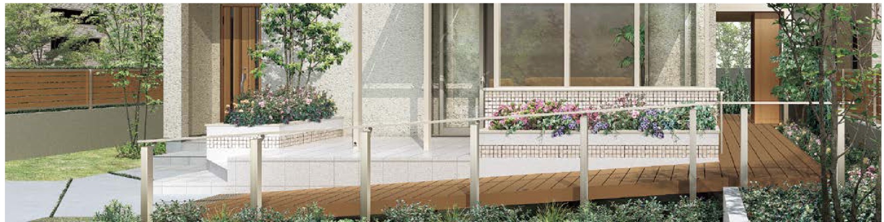 LIXIL　ガーデンスペース　ウッドデッキ　タイルデッキ　モダン　おしゃれ　エクステリア　愛知・名古屋の外構専門店パートナーホームのエクステリア　製品一覧　樹ら楽ステージ　※スロープ横の手すりは、デザイナーズパーツ柱材にアーキレールをアーキレールの壁付けブラケットで固定した既存品からの提案品です。|パートナーホーム