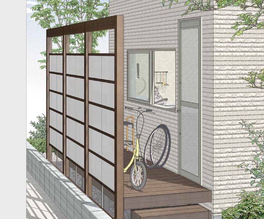 LIXIL　ガーデンスペース　ウッドデッキ　タイルデッキ　モダン　おしゃれ　エクステリア　愛知・名古屋の外構専門店パートナーホームのエクステリア　製品一覧　レストステージ　キッチン窓が面した、隣地境界スペースを有効活用。 光を採り込み、視線を遮る半透明ポリカパネルのGスクリーンとレストステージを組み合わせてつくる目隠し＆物置空間。|パートナーホーム