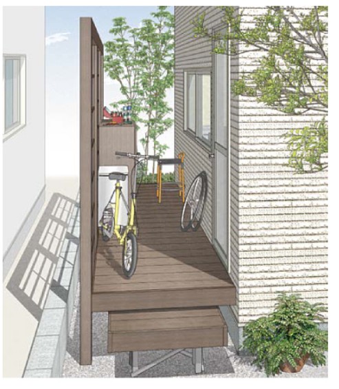 LIXIL　ガーデンスペース　ウッドデッキ　タイルデッキ　モダン　おしゃれ　エクステリア　愛知・名古屋の外構専門店パートナーホームのエクステリア　製品一覧　レストステージ　キッチンの窓が隣地からすぐ近くに面していると、せっかくの窓も閉めがちに。半透明のポリカパネルを採用したGスクリーンを隣地境界に設置すれば、陽射しの明るさも、気になる視線対策も解決できます。さらに、Gスクリーンと家の間に空いたスペースにレストステージを敷けば、地面に直接置きたくない大きな物などが片付けられる、便利な物置空間として狭小地を有効利用できます。|パートナーホーム