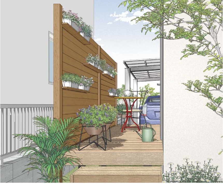 LIXIL　ガーデンスペース　ウッドデッキ　タイルデッキ　モダン　おしゃれ　エクステリア　愛知・名古屋の外構専門店パートナーホームのエクステリア　製品一覧　レストステージ　ちょっとした空間でも楽しめる、プライベートスペース。 いままで使っていなかった狭い敷地スペースが、レストステージとスクリーンで憩いの縁側空間に。|パートナーホーム