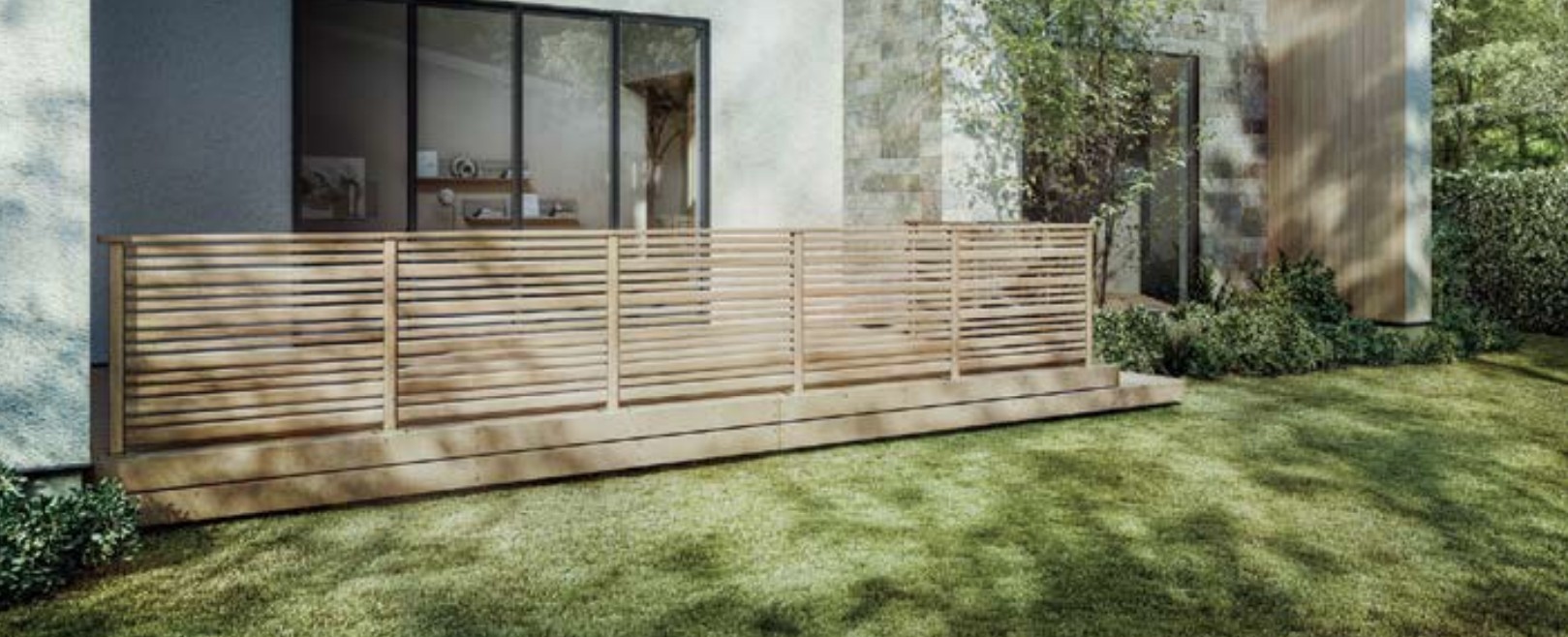 LIXIL　ガーデンスペース　ウッドデッキ　タイルデッキ　モダン　おしゃれ　エクステリア　愛知・名古屋の外構専門店パートナーホームのエクステリア　製品一覧　デッキフェンス（アルミ仕様）・開き戸（アルミ仕様）・モダンデッキフェンス|パートナーホーム