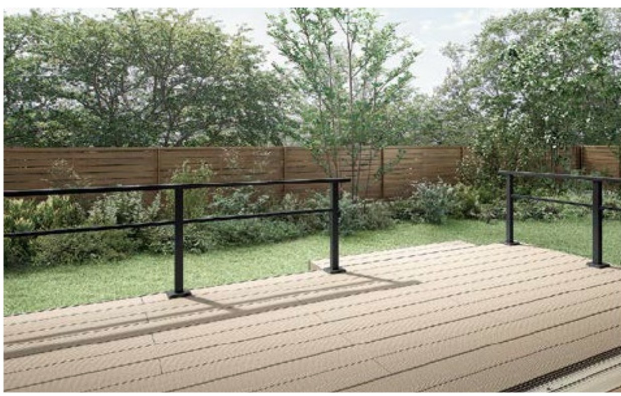 LIXIL　ガーデンスペース　ウッドデッキ　タイルデッキ　モダン　おしゃれ　エクステリア　愛知・名古屋の外構専門店パートナーホームのエクステリア　製品一覧　デッキフェンス（アルミ仕様）・開き戸（アルミ仕様）・モダンデッキフェンス　モダンデッキフェンスにブラック色を追加。視界を遮らないシンプルなラインの デザインも新たに仲間入りし、開放的な庭空間を実現できます。|パートナーホーム