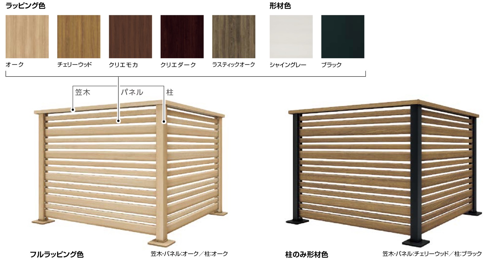 LIXIL　ガーデンスペース　ウッドデッキ　モダン　おしゃれ　エクステリア　愛知・名古屋の外構専門店パートナーホームのエクステリア　製品一覧　デッキフェンス（アルミ仕様）　笠木・パネル・柱カラー 部材ごとに選べるカラー。すべての色の組み合わせが選択可能です。|パートナーホーム