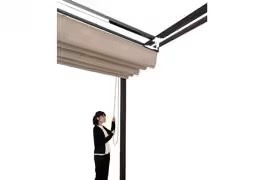 LIXIL　モダン　おしゃれ　エクステリア　愛知・名古屋の外構専門店パートナーホームのエクステリア　製品一覧　独立オーニング　　開閉操作は、ロープを引いて行う手動式です。操作部はキャンバスの収納側のみ取付けできます。|パートナーホーム