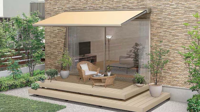 LIXIL　軒　ウッドデッキ　モダン　おしゃれ　エクステリア　愛知・名古屋の外構専門店パートナーホームのエクステリア　製品一覧　彩風C型　彩風C型 2.0間×2.0m リモコン式 ポリエステルキャンバス（ライトベージュP）|パートナーホーム