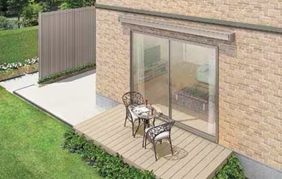 LIXIL　軒　ウッドデッキ　モダン　おしゃれ　エクステリア　愛知・名古屋の外構専門店パートナーホームのエクステリア　製品一覧　彩風　S型　彩風S型 2.0間×2.0m 電動リモコン式 アクリルキャンバス（アッシュブラウンA） キャンバス収納時|パートナーホーム