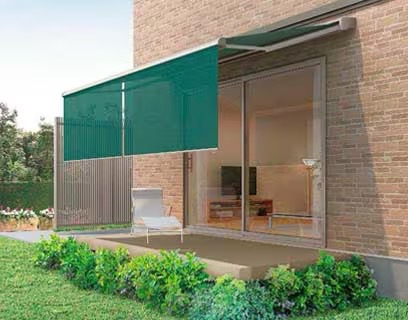 LIXIL　軒　ウッドデッキ　モダン　おしゃれ　エクステリア　愛知・名古屋の外構専門店パートナーホームのエクステリア　製品一覧　彩風　CR型　グリーン系でコーディネート タイプ：彩風CR型 キャンバス：ブリティッシュグリーンA スクリーン：ブリティッシュグリーン|パートナーホーム