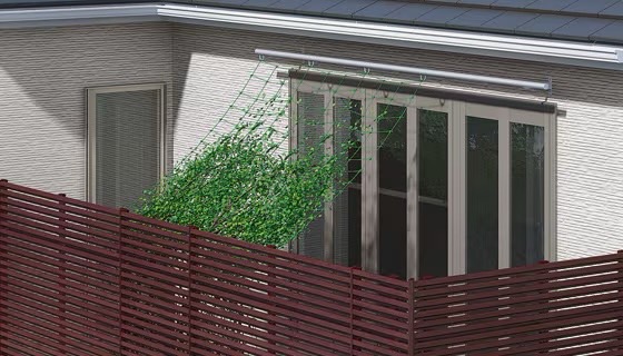 LIXIL　軒　すだれ　カーテン　ウッドデッキ　モダン　おしゃれ　エクステリア　愛知・名古屋の外構専門店パートナーホームのエクステリア　製品一覧　多目的バー・簡易タープ　工夫次第で広がる使い方 市販の緑化ネットを使用すれば、植物の生長とともに 緑のカーテンが出来上がります。|パートナーホーム