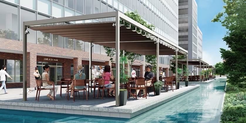 LIXIL　モダン　おしゃれ　エクステリア　愛知・名古屋の外構専門店パートナーホームのエクステリア　製品一覧　独立オーニング　【カフェレストランの屋外スペースに】昼は日よけとして利用し、夜は開放感を味わえる空間として。照明のライトアップで、夜でも落ち着きのある空間を演出します。　|パートナーホーム