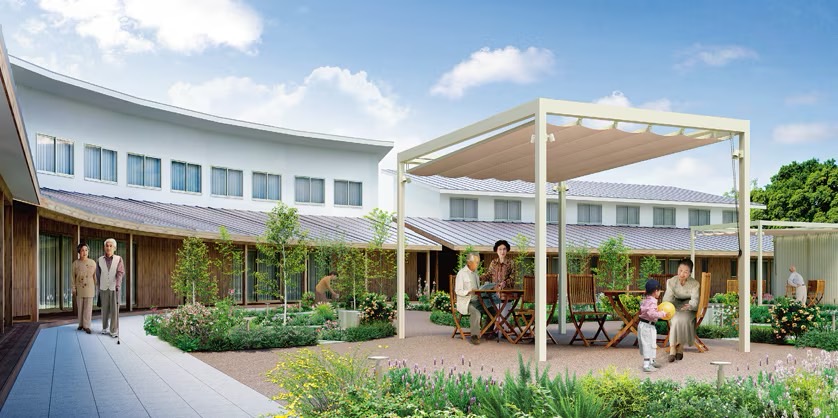 LIXIL　モダン　おしゃれ　エクステリア　愛知・名古屋の外構専門店パートナーホームのエクステリア　製品一覧　独立オーニング　【高齢者向け福祉施設の憩いのスペースに】日中の強い日差しや夕方のまぶしい西日等を遮り、居心地のよい憩いの空間をつくります。|パートナーホーム