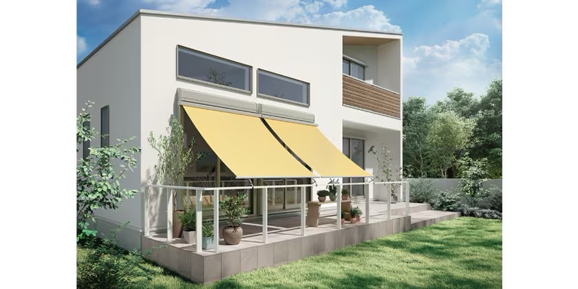 LIXIL　モダン　おしゃれ　エクステリア　愛知・名古屋の外構専門店パートナーホームのエクステリア　製品一覧　スタイルシェード　枠付 手すり固定タイプ 16528 カームイエロー|パートナーホーム