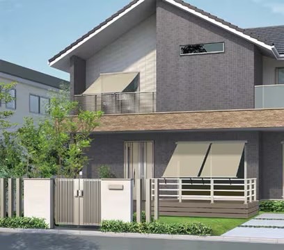 LIXIL　モダン　おしゃれ　エクステリア　愛知・名古屋の外構専門店パートナーホームのエクステリア　製品一覧　スタイルシェード　1F 枠付 手すり固定タイプ 25628 シックベージュ 2F 枠付 手すり固定タイプ 16520 シックベージュ|パートナーホーム