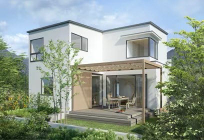 LIXIL　モダン　おしゃれ　エクステリア　愛知・名古屋の外構専門店パートナーホームのエクステリア　製品一覧　スタイルシェード　ホワイトの外壁に程よいアクセント ナチュラルな外観もほどよいアクセントのダスクグレー。植栽との馴染みも良く、黄味系の木目色を引き立て、すっきりとまとまりのあるコーディネートです。|パートナーホーム