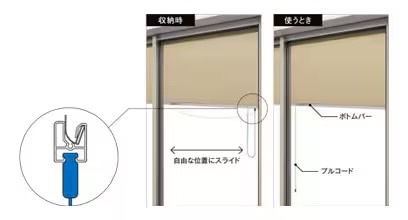 LIXIL　モダン　おしゃれ　エクステリア　愛知・名古屋の外構専門店パートナーホームのエクステリア　製品一覧　スタイルシェード　使わないときはキレイに納まるプルコード 左右にスライドするプルコードを標準装備。使わないときはプルコードの先端をボトムバーに固定しておくと、邪魔になりません。ボトムバーのどこにでも固定できるので、使い方に合わせて自由に位置を変えられます。 ※シェードはボトムバーの中央で操作してください。 ※ボトムバーが片下り（巻乱れ）した場合は、一旦引出して再度収納してください。|パートナーホーム