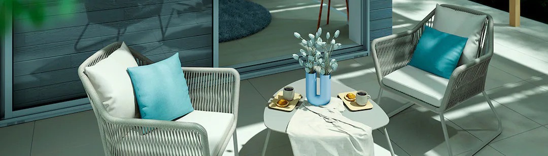 LIXIL　モダン　おしゃれ　エクステリア　愛知・名古屋の外構専門店パートナーホームのエクステリア　製品一覧　ガーデンファニチャー　TYPE 007　ロープの編み込みが 美しいリビングセット 透け感のあるロープ編みがリゾートムードを演出します。 マットな質感のフレームがナチュラルな装いをきりっと引き締め、 モダンなデザインにまとめられたリビングセットです。 硬めの座面とほどよく柔らかな背面クッションは極上の座り心地。|パートナーホーム