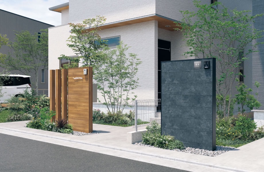 三協アルミ　モダン　おしゃれ　エクステリア　愛知・名古屋の外構専門店パートナーホームのエクステリア　製品一覧　X.スタイル（クロス.スタイル）　門袖 シンプルでスタイリッシュな意匠 オープン外構でスクリーンやルーフと合わせてスタイルアップ。 ノイズレスデザインを追求した美しい佇まいと意匠で多様なニーズにお応えします。|パートナーホーム