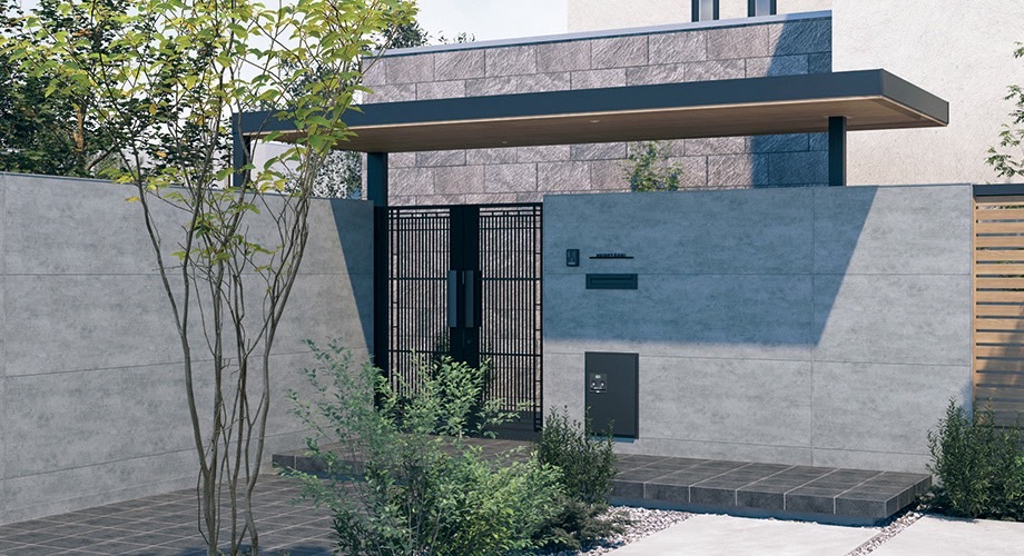 三協アルミ　モダン　おしゃれ　エクステリア　愛知・名古屋の外構専門店パートナーホームのエクステリア　製品一覧　X.スタイル（クロス.スタイル）　デザインウォール　モルティエ（MR） 繊細なモルタルの質感は周囲と調和しやすく、自然物や金属など幅広い素材を引き立てます。|パートナーホーム