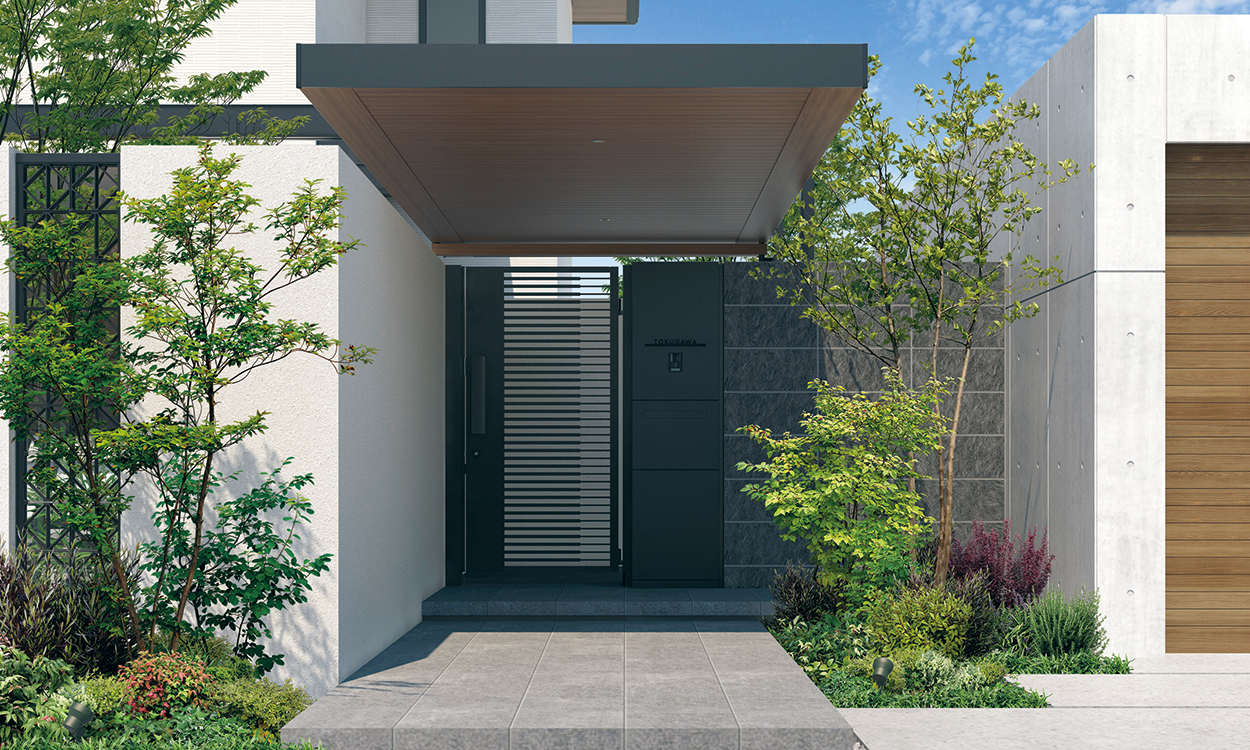 三協アルミ　モダン　おしゃれ　エクステリア　愛知・名古屋の外構専門店パートナーホームのエクステリア　製品一覧　機能門柱　ジオグランテ　門扉取り付け仕様 アートブラック／インターホンパネル〈インターホンあり〉／扉パネル〈宅配ボックスあり〉／表札〈KPｰKMGｰCMｰ1：ブラック〉／宅配ボックス〈STBｰMN2・R：ブラック〉／門柱連結部品セット／門扉：ジオグランテ2型（0918片開き）／隣接壁スペーサー（隣接壁同面納まり用）|パートナーホーム