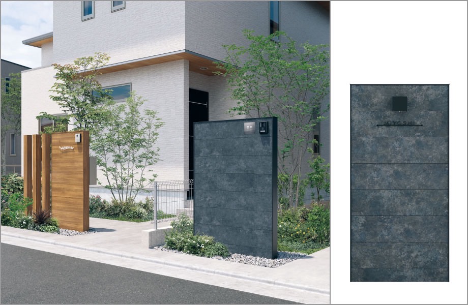 三協アルミ　モダン　おしゃれ　エクステリア　愛知・名古屋の外構専門店パートナーホームのエクステリア　製品一覧　X.スタイル（クロス.スタイル）　門袖　1型（目隠し） 正面にポストがないノイズレスデザインで、表面色と枠色を同色で合わせたり、枠色をアルミ色にすることも可能。分譲住宅地でも、ファサードに変化を持たせることができます。|パートナーホーム