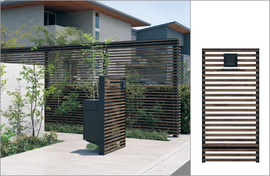 三協アルミ　モダン　おしゃれ　エクステリア　愛知・名古屋の外構専門店パートナーホームのエクステリア　製品一覧　X.スタイル（クロス.スタイル）　門袖　2型（横格子） 程よい目隠し効果のある横格子の背面に植栽を配置し、抜け感のあるアプローチ空間を演出。|パートナーホーム
