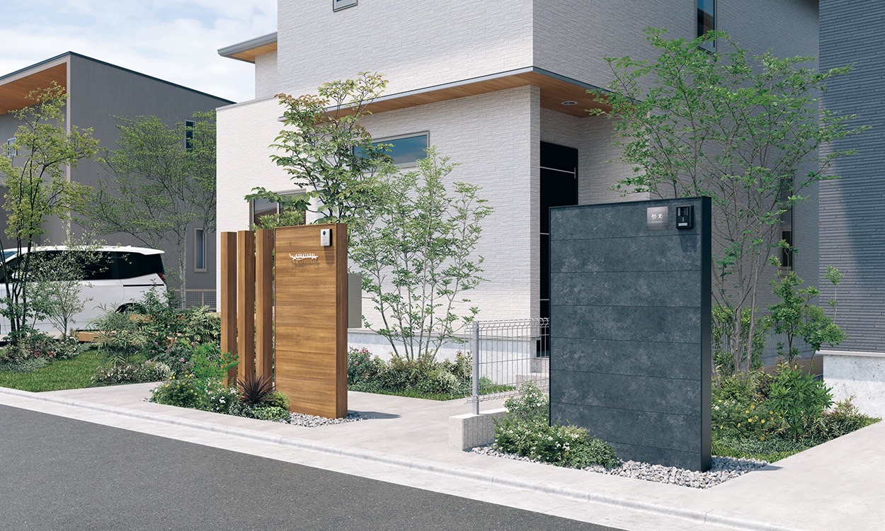 三協アルミ　モダン　おしゃれ　エクステリア　愛知・名古屋の外構専門店パートナーホームのエクステリア　製品一覧　X.スタイル（クロス.スタイル）　門袖　 ウォール1型（目隠し） ウォール1型（目隠し） 左／ウォール1型（目隠し）：0715（W757／H1510）／シナモンエルム 右／ウォール1型（目隠し）：1015（W1007／H1510）／FRK（フェルノア・ブラック）|パートナーホーム