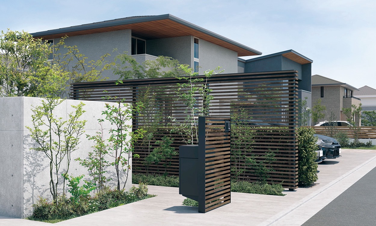 三協アルミ　モダン　おしゃれ　エクステリア　愛知・名古屋の外構専門店パートナーホームのエクステリア　製品一覧　X.スタイル（クロス.スタイル）　門袖　 ウォール2型（横格子） ウォール2型（横格子） ウォール2型（横格子）：1015（W1007／H1510）／FAK（トラッドオーク・ブラック）|パートナーホーム