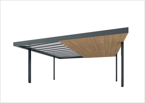 三協アルミ　モダン　おしゃれ　エクステリア　愛知・名古屋の外構専門店パートナーホームのエクステリア　製品一覧　X.スタイル（クロス.スタイル）　カーポート　2台用の屋根の半分をスタンダードタイプに設定した「天井材ハーフ納まり」が登場。カースペースに部分的に明るさをプラスするなど用途に合わせた使い方が可能です。|パートナーホーム