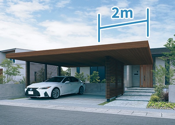 三協アルミ　モダン　おしゃれ　エクステリア　愛知・名古屋の外構専門店パートナーホームのエクステリア　製品一覧　X.スタイル（クロス.スタイル）　カーポート　アプローチまで屋根を2m伸ばせる「2台用＋α」のサイズ設定など多彩な納まりバリエーションをご用意|パートナーホーム
