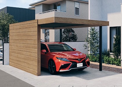 デザインウォール カーポートの側面と奥面に取り付けるデザインウォール　三協アルミ　モダン　おしゃれ　エクステリア　愛知・名古屋の外構専門店パートナーホームのエクステリア　製品一覧　X.スタイル（クロス.スタイル）　カーポート　|パートナーホーム